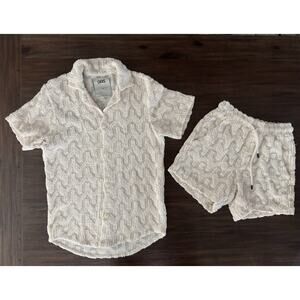 OAS Atlas Cuba Crochet Shirt Shorts Set XS Cream Resort Cabana Beach Camp Unisex